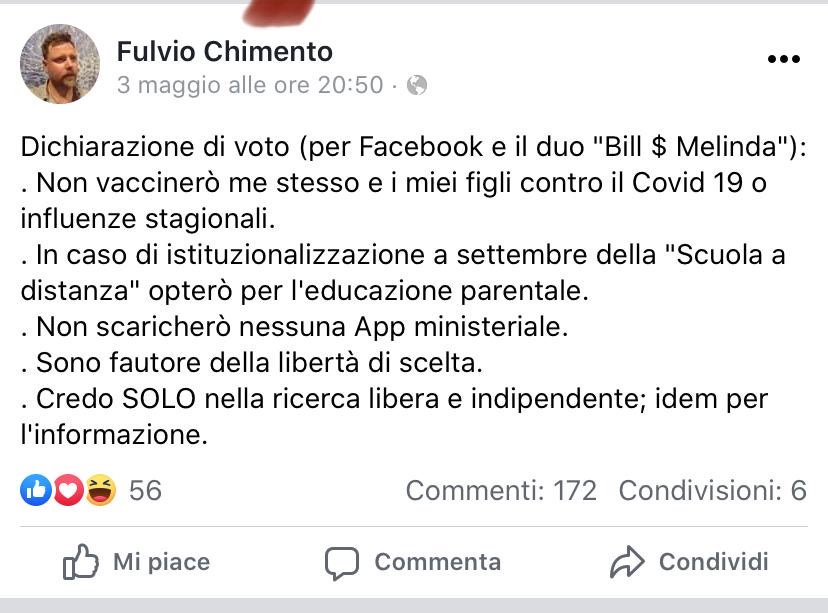 Post di Fulvio Chimento sul Coronavirus