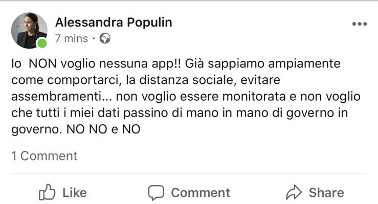 Post di Alessandra Populin sul Coronavirus