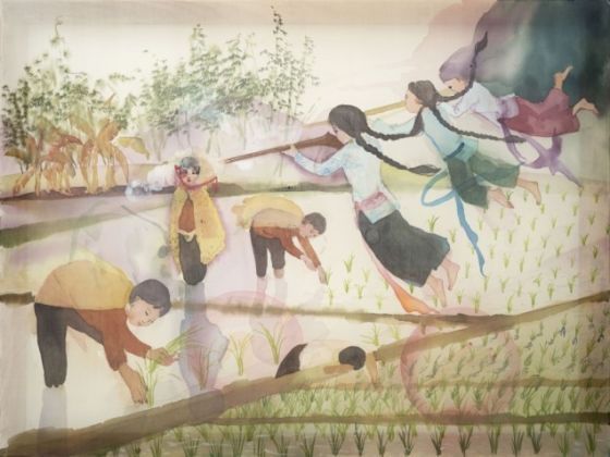 Thao Nguyen Phan, "The execution" (from the series "Dream of March and August"), 2019, Watercolour on silk, 60 x 80 cm. Courtesy of Thao Nguyen Phan, c/o The Factory, Contemporary Arts Centre.