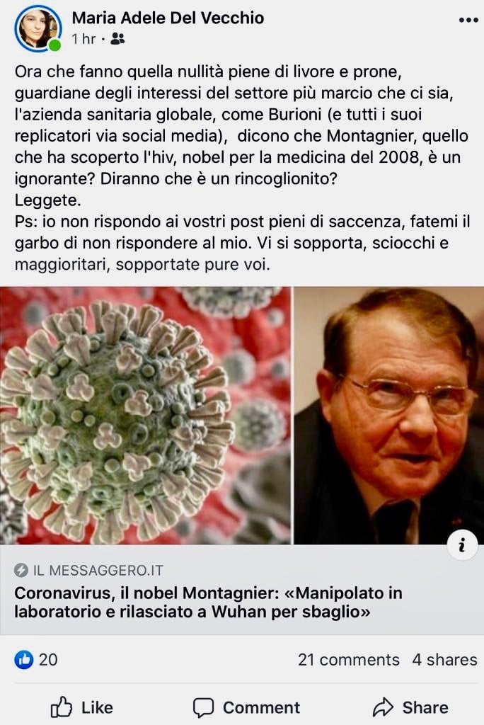 Post di Adele Del Vecchio sul Coronavirus