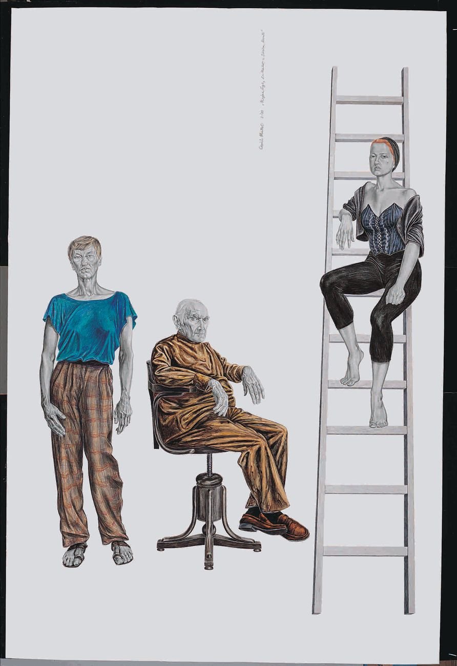 Daniel Maillet, “Regina Lippl, Leo Maillet and Sabrina Rovati”, ritratti con modelli dal vero, disegno: graphite 3B and oily coloured pencil on CM1 opaque coated paper 240 g/m, cm 302 x 201, Verscio Ticino, 1988