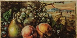 Giorgio de Chirico, Natura morta con frutta (Frutta con pesche, pere ed uva bianca), 1952, olio su cartone, cm 20x30. Stima € 30.000 40.000