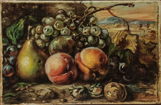 Giorgio de Chirico, Natura morta con frutta (Frutta con pesche, pere ed uva bianca), 1952, olio su cartone, cm 20x30. Stima € 30.000 40.000