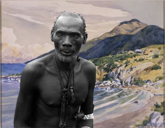 Sammy Baloji, Portrait #1, Kalamata, grand chef Urua sur fond d'aquarelle de Dardenne, 2011, dalla serie Congo Far West. Retracing Charles Lemaire's expedition