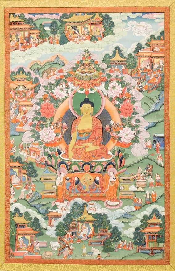 Thanka con Buddha, tempera su tela, 84.1 x 53 cm. Tibet, XIX sec. The Metropolitan Museum of Art, New York, USA