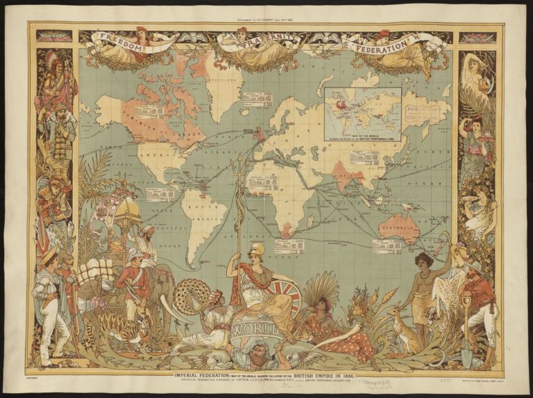Walter Crane, Map of the world showing the extent of the British Empire in 1886, litografia, McClure and Co 1886
