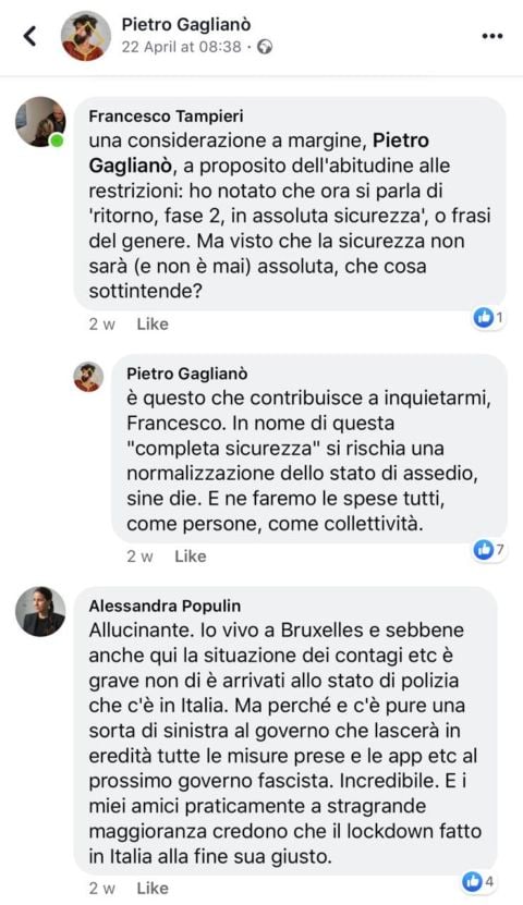 Post di Pietro Gaglianò sul Coronavirus