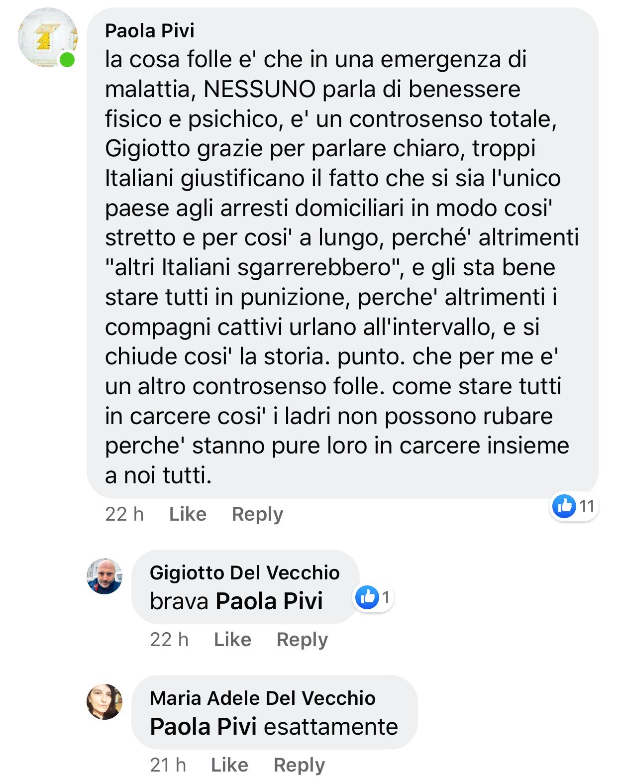 Post su Facebook di Paola Pivi