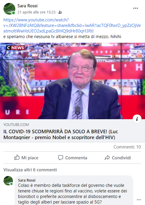 Post di Sara Rossi sul Coronavirus