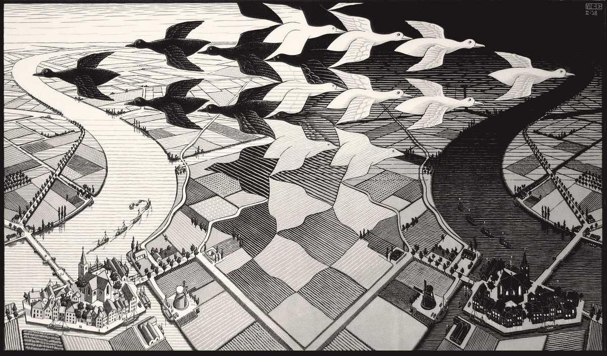 Maurits Cornelis Escher, Giorno e notte, Febbraio 1938 Collezione privata, Italia All M.C. Escher works © 2019 The M.C. Escher Company. All rights reserved