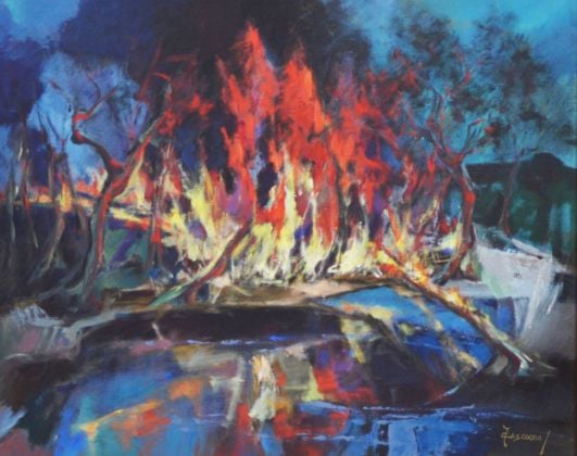 Carlo Toscano, Incendio in pineta, acrilico su tela, cm 80x100