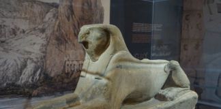 Sfinge a testa di falco. Abu Simbel, Tempio Maggiore, Nuovo Regno, XIX dinastia, regno di Ramses II (1279 – 1213 a.C.), arenaria. Londra, British Museum, collezione Salt 1821