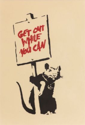 Banksy, Get Out While You Can, 2004, serigrafia su carta, 50x33 cm. Collezione privata