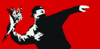 Banksy, Love Is In The Air (Flower Thrower), 2003, serigrafia su carta, 50x70 cm. Collezione privata