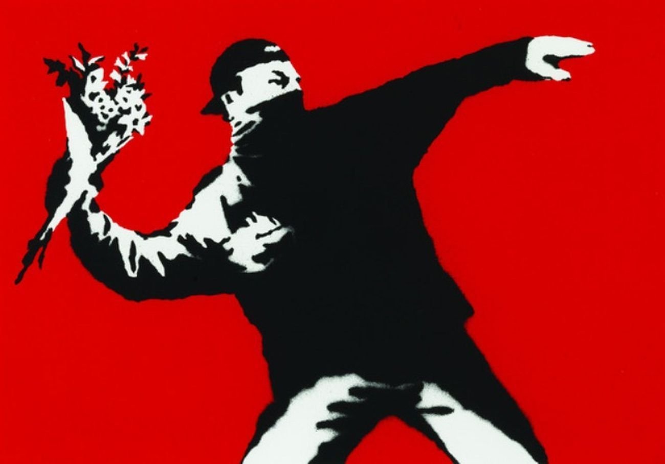 Banksy, Love Is In The Air (Flower Thrower), 2003, serigrafia su carta, 50x70 cm. Collezione privata