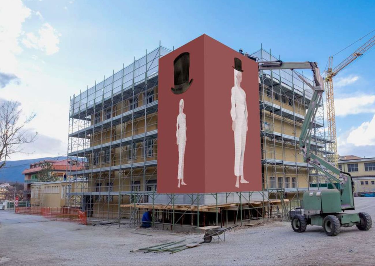 Egeon Mantra, rendering del murale per la Scuola Media G. Capograssi di Sulmona, 2020. Courtesy l'artista & Associazione Laboratorio d’arte MAW – Men Art Work