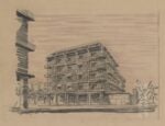 Gestione INA Casa: stabile a uso di botteghe, uffici e abitazioni in Treviso, progetto di Giuseppe Samonà, 1949-52. Prospettiva. Università Iuav di Venezia, Archivio Progetti, fondo Egle Renata Trincanato