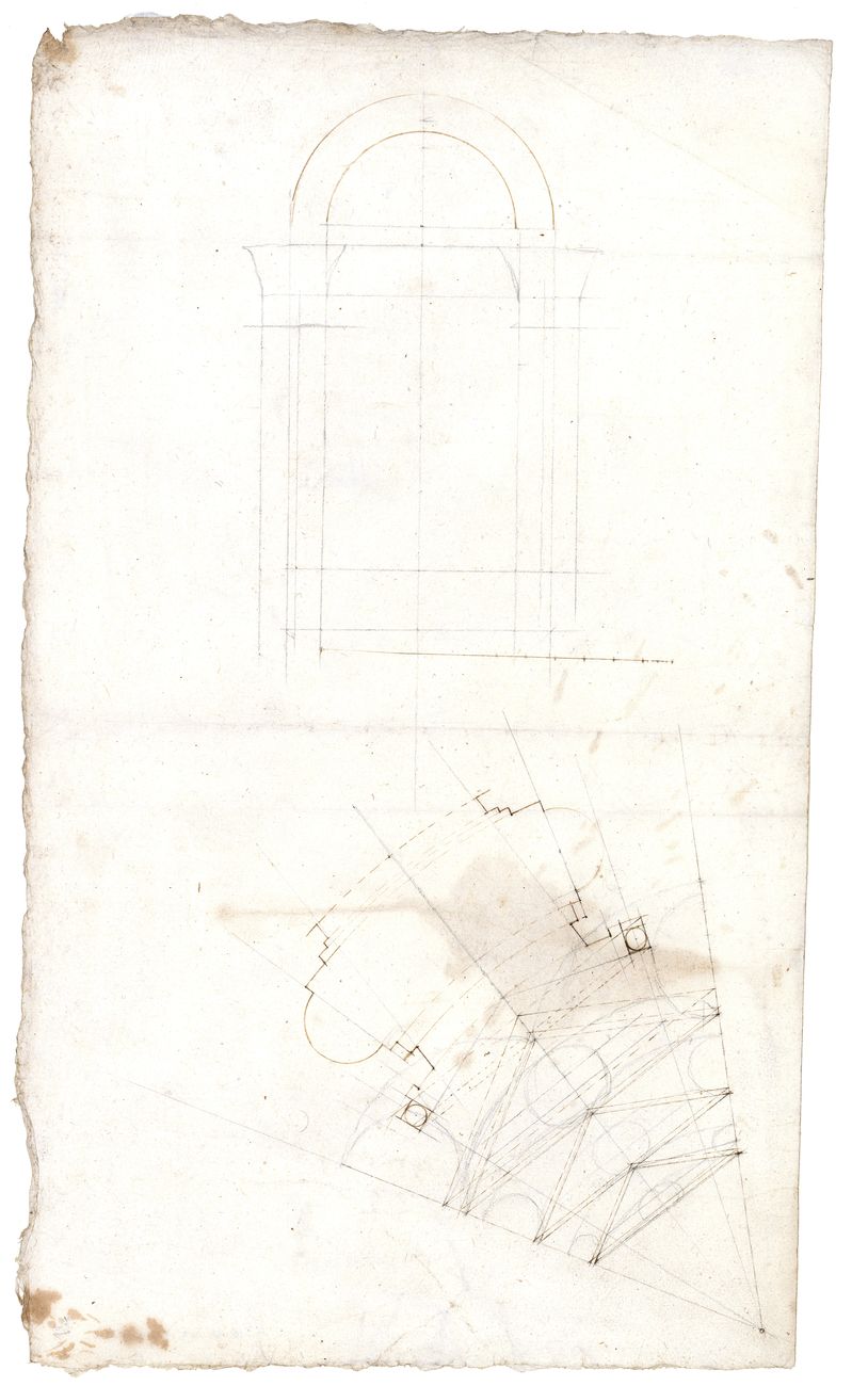 Guarino Guarini, Studio di un settore del tamburo e della cupola per la Cappella della Sindone, 1675 ca., stilo, penna e inchiostro bruno su preparazione a matita, su carta avorio. Torino, Archivio di Stato