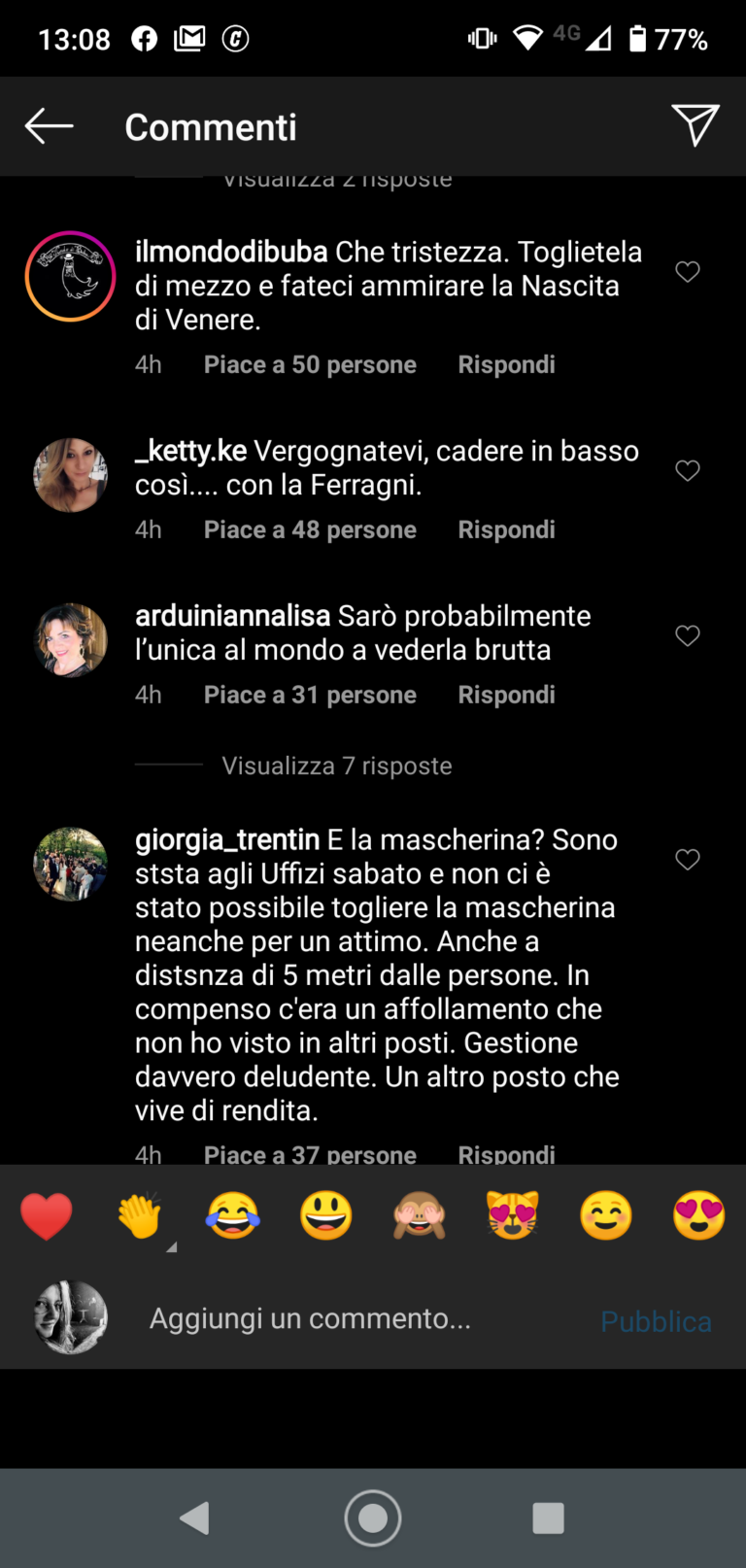 I commenti sotto il post di Chiara Ferragni alla pagina Instagram @galleriedegliuffizi