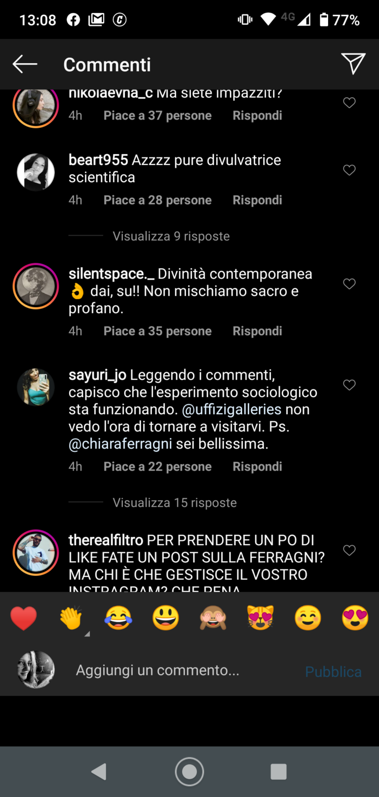 I commenti sotto il post di Chiara Ferragni alla pagina Instagram @galleriedegliuffizi