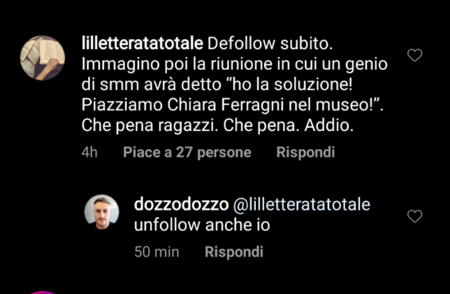 I commenti sotto il post di Chiara Ferragni alla pagina Instagram @galleriedegliuffizi