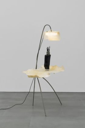 Pakui Hardware, Thrivers, from the series Thrivers, 2019. Glass, leather, silicone, chia seeds, metal stands, led lamps, polyurethane filter foam. 210 x 102 x 78 cm. Courtesy of the artists and carlier | gebauer, Berlin / Madrid