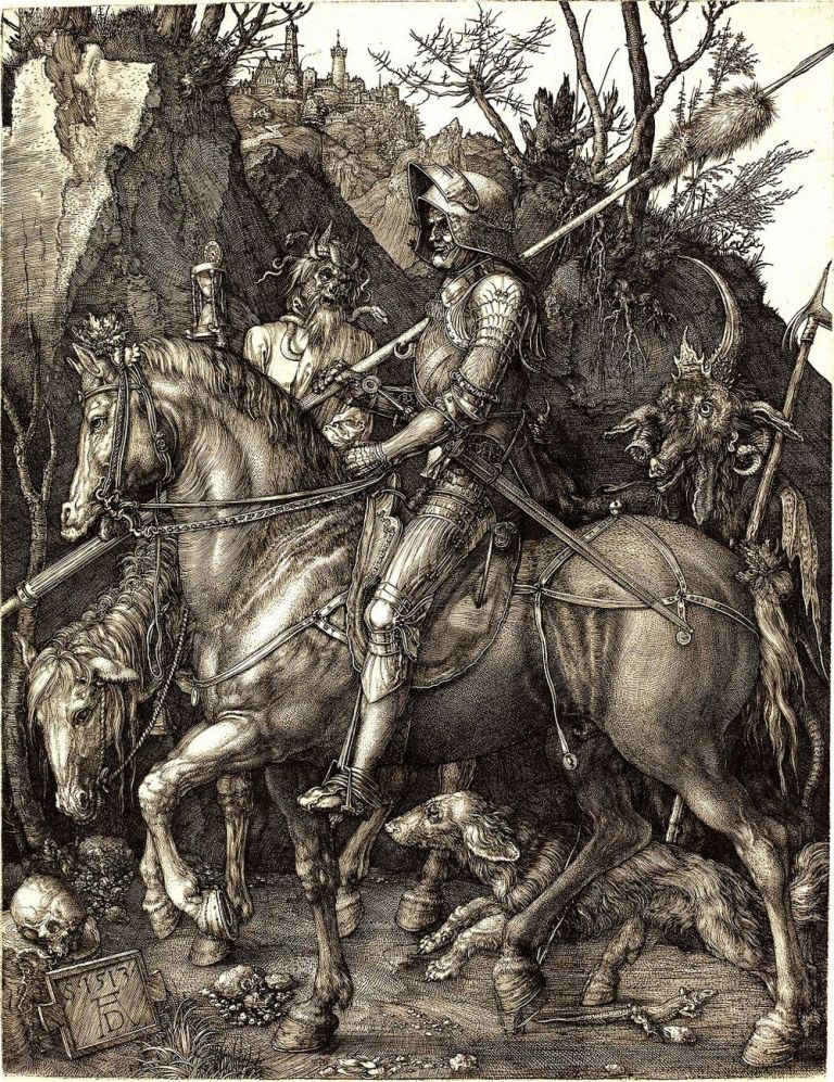 Albrecht Dürer, Il cavaliere, la morte e il diavolo, 1513, incisione a bulino su lastra di rame, 15×10 cm. Staatliche Kunsthalle, Karlsruhe