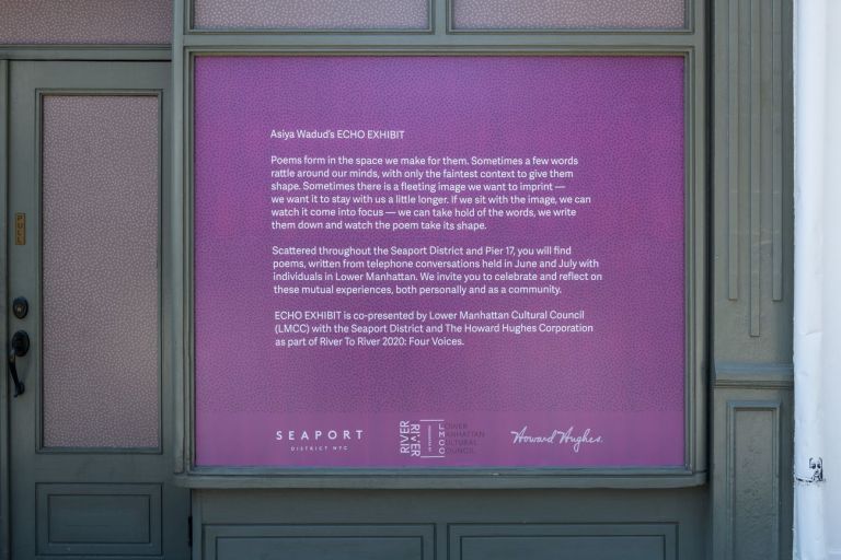 Asiya Wadud’s ECHO EXHIBIT in NYC's Seaport District, co-presented by the Lower Manhattan Cultural Council (LMCC), the Seaport District and The Howard Hughes Corporation as part of River To River 2020: Four Voices, photo credit: Ian Douglas