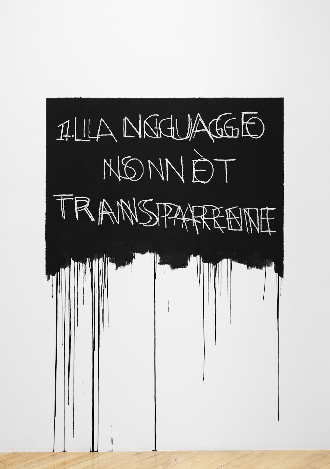 Mel Bochner, Language Is Not Transparent (Italian / English), 1970/2019, oil pastel and acrylic on wall, 72 x 48 in. (182.9 x 121.9 cm). Courtesy the artist