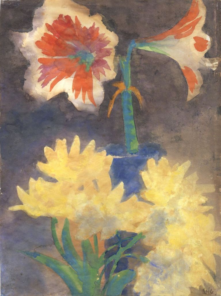Emil Nolde, Rotweße Amaryllis und gelbe Blüten, 1930 ca, acquerello su carta Giappone, cm 47,5x34,5