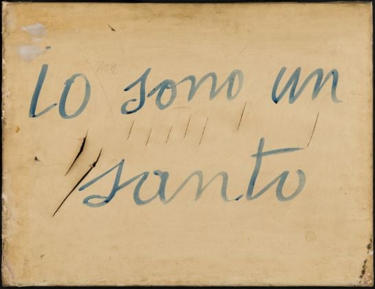 Lucio Fontana, Io Sono un Santo, 1958, Cuts and ink on paper mounted on canvas, 19 11/16 × 25 9/16 in. (50 × 65 cm). Courtesy of Fondazione Lucio Fontana
