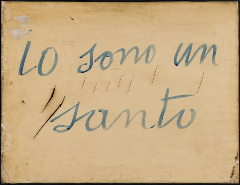 Lucio Fontana, Io Sono un Santo, 1958, Cuts and ink on paper mounted on canvas, 19 11/16 × 25 9/16 in. (50 × 65 cm). Courtesy of Fondazione Lucio Fontana