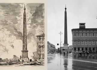 Giambattista Piranesi, Obelisco Egizio, incisione all’acquaforte Venezia, Fondazione Giorgio Cini, Gabinetto dei Disegni e delle Stampe Gabriele Basilico, Obelisco Egizio Lateranense e Palazzo del Laterano, stampa ai sali d’argento con trattamento al selenio, 2010 Milano, Archivio Gabriele Basilico