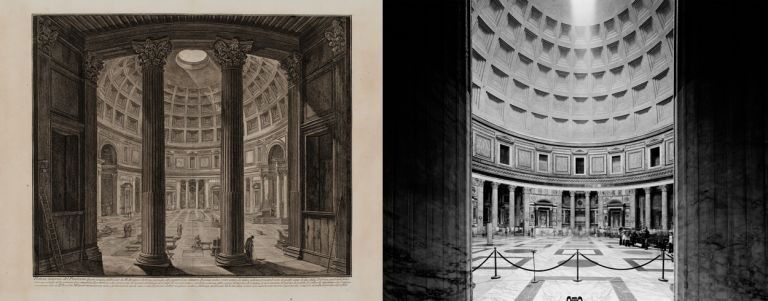 Giambattista Piranesi, Veduta interna del Pantheon, incisione all’acquaforte Venezia, Fondazione Giorgio Cini, Gabinetto dei Disegni e delle Stampe Gabriele Basilico, Pantheon, interno, stampa ai sali d’argento con trattamento al selenio, 2010 Milano, Archivio Gabriele Basilico