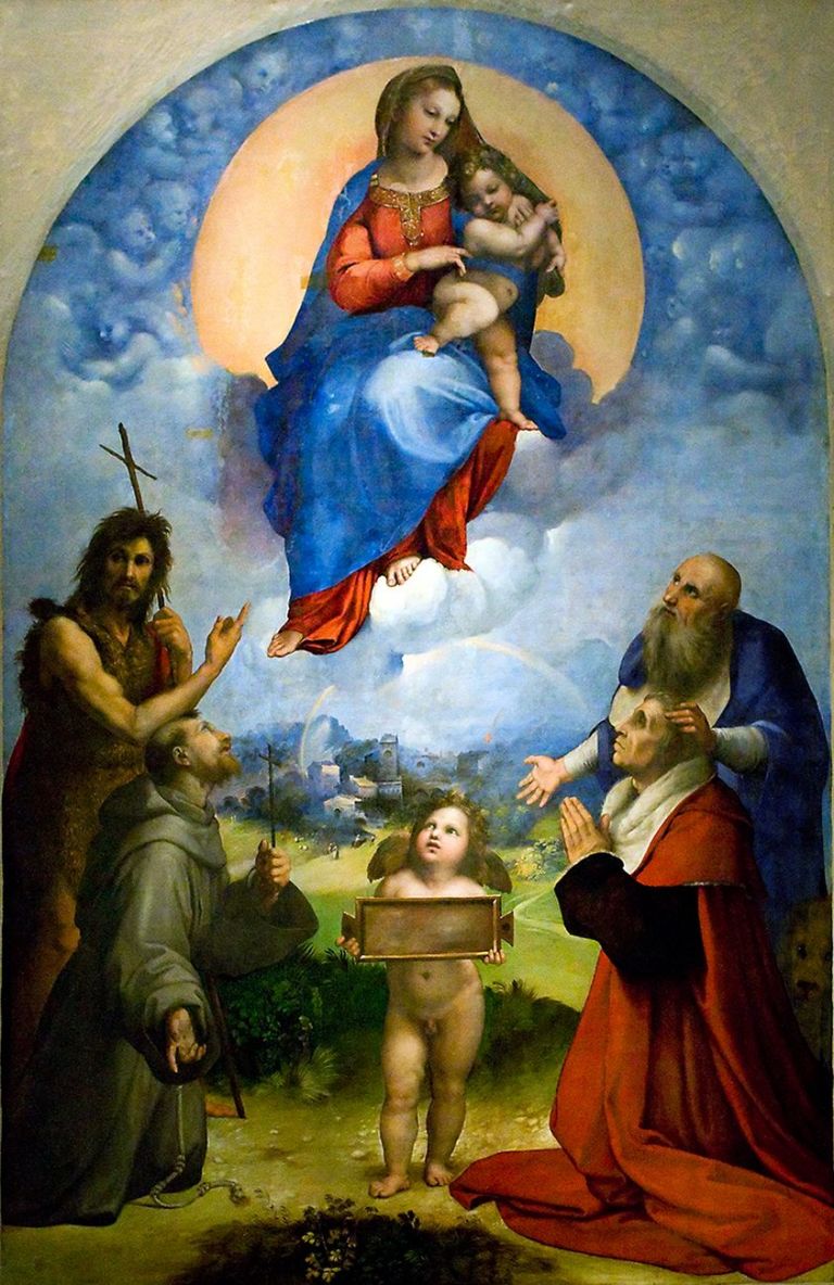 Raffaello Sanzio, Madonna di Foligno, 1511 12, olio su tavola trasportata su tela, 320×194 cm. Pinacoteca Vaticana, Città del Vaticano