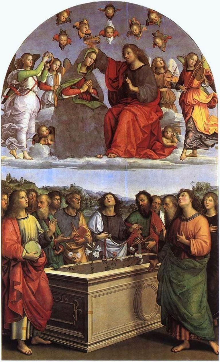 Raffaello Sanzio, Pala degli Oddi, 1502 03, olio su tavola trasportata su tela, 267×163 cm. Pinacoteca Vaticana, Città del Vaticano
