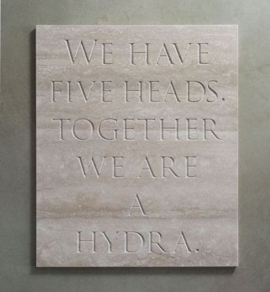 Petra Feriancová, We Have Five Heads Together We are a Hydra, 2020, marmo travertino inciso, cm 76x90, photo Annamaria La Mastra