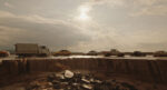 Notturno a film by Gianfranco Rosi. Confine Iraq Siria – Strada con cratere erose dalla pioggia – 100 km da Mosul