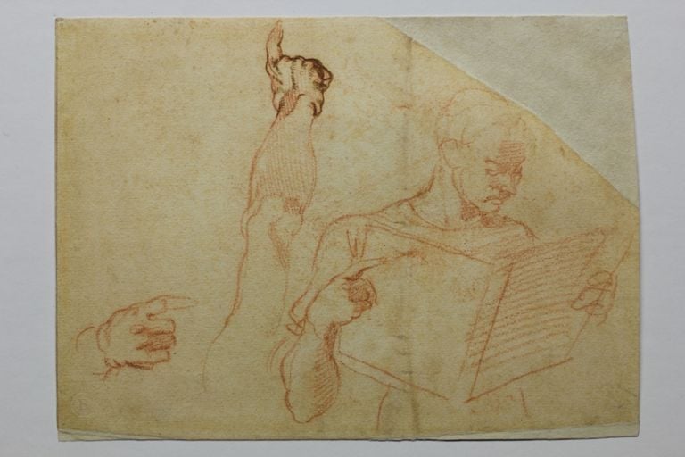 Michelangelo Buonarroti Studi di figura per la Punizione di Aman nella Volta Sistina, 1511 circa matita rossa, ripassature posteriori a penna, mm 157 x 218 Firenze, Casa Buonarroti, inv. 12 F