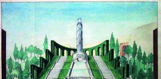 Alfredo Fineschi, Sistemazione zona sud Piazza della Vittoria, Genova. Progetto di scalea giardino sull’asse del Monumento ai caduti, 1935 ca., tecnica mista su copia eliografica. Wolfsoniana – Palazzo Ducale Fondazione per la Cultura, Genova