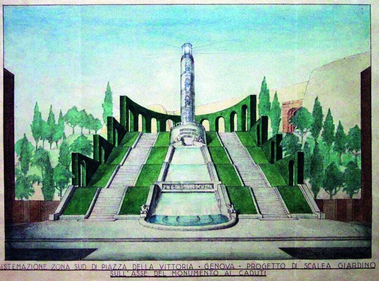 Alfredo Fineschi, Sistemazione zona sud Piazza della Vittoria, Genova. Progetto di scalea giardino sull’asse del Monumento ai caduti, 1935 ca., tecnica mista su copia eliografica. Wolfsoniana – Palazzo Ducale Fondazione per la Cultura, Genova