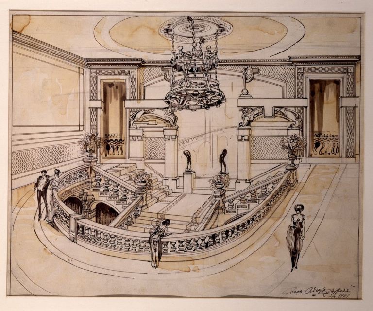 Adolfo Coppedè, Progetto di scalinata per teatro o per grande albergo, 1901 ca., inchiostro e acquerello su carta. Wolfsoniana – Palazzo Ducale Fondazione per la Cultura, Genova