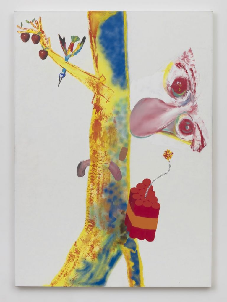 Alessandro Pessoli, A, 2017, olio e pittura spray su tela, 143x198 cm. Courtesy Havier Hufkens Gallery