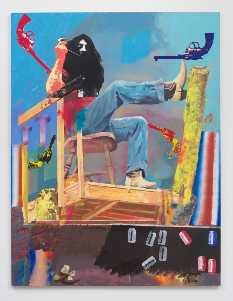 Alessandro Pessoli, A P Backyard, 2017, olio, acrilico, pittura spray e pastelli su tela, 250x190 cm. Courtesy Nino Mier Gallery