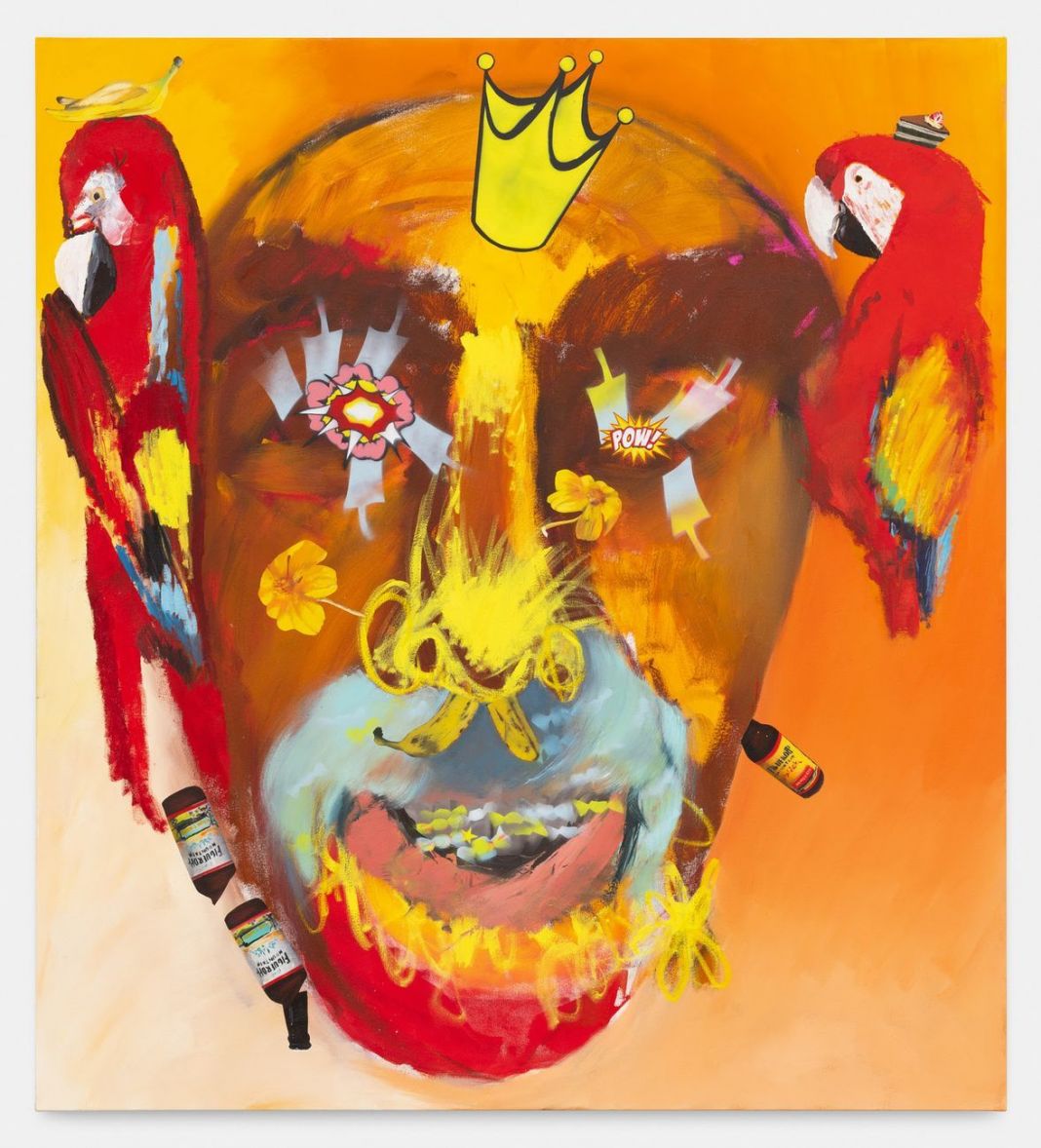 Alessandro Pessoli, Macaws King Quarantine, 2020, olio, pittura spray e pastelli a olio su tela, 145x160 cm. Courtesy Havier Hufkens Gallery