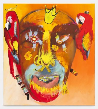 Alessandro Pessoli, Macaws King Quarantine, 2020, olio, pittura spray e pastelli a olio su tela, 145x160 cm. Courtesy Havier Hufkens Gallery