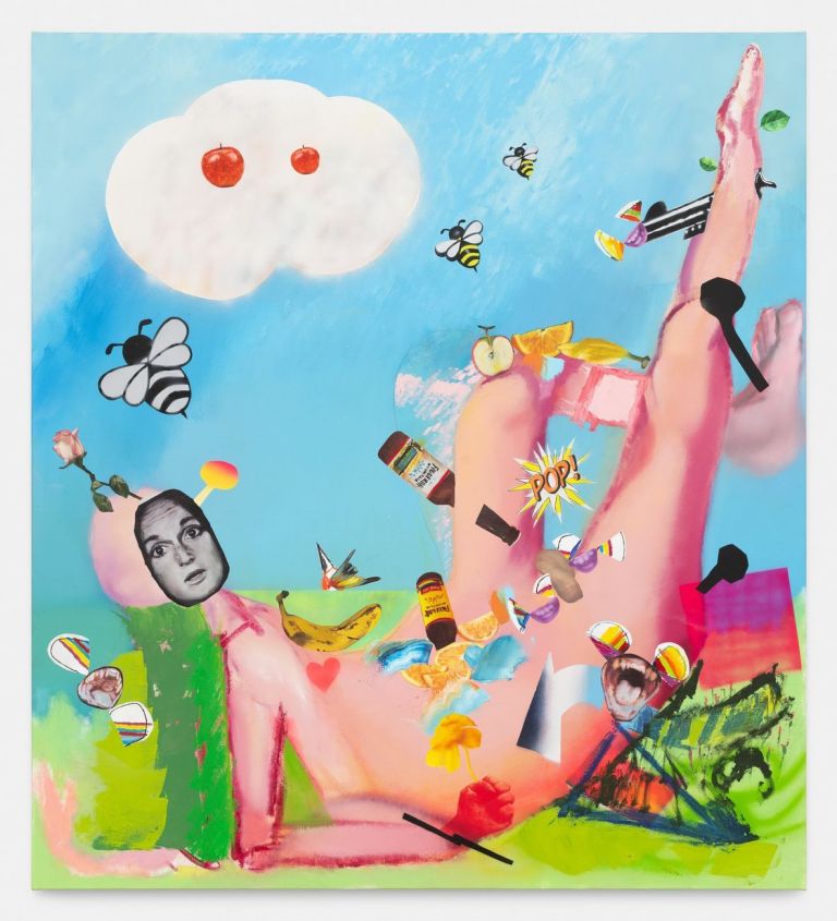 Alessandro Pessoli, Manipulator Remix, 2020, olio, pittura spray e pastelli a olio su tela, 145x160 cm. Courtesy Havier Hufkens Gallery