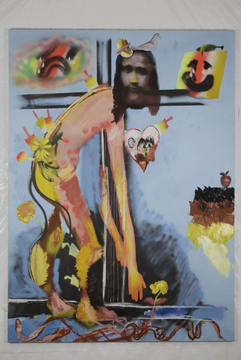 Alessandro Pessoli, Me and Him, 2020, olio, pittura spray e acrilico su tela, 140x196 cm. Courtesy Anton Kern Gallery