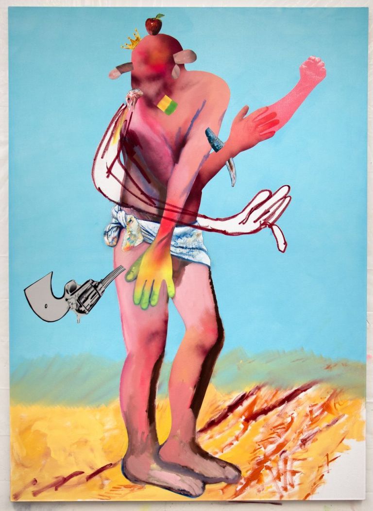 Alessandro Pessoli, Neglected Figure 2018, olio, pittura spray e acrilico su tela, 145x200 cm. Courtesy Nino Mier Gallery