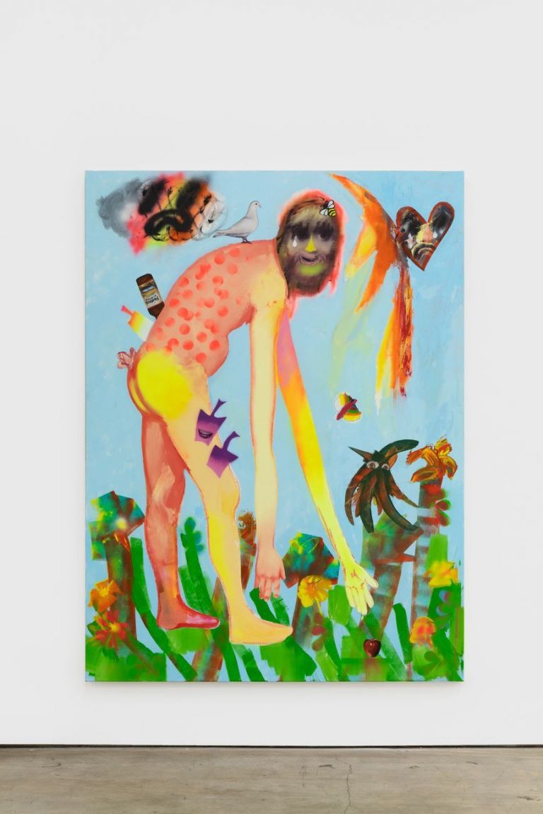Alessandro Pessoli, Polka dot Adam, 2020, olio, pittura spray e acrilico su tela, 140x196 cm. Courtesy Nino Mier Gallery